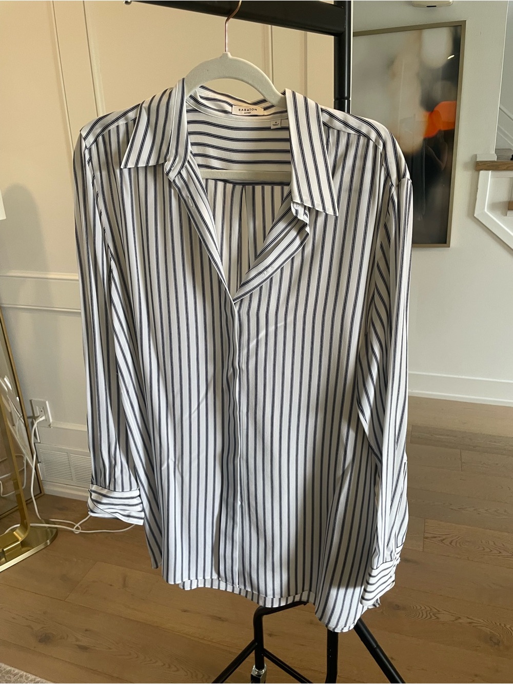Babaton White Button-Down Shirt with Navy Stripes